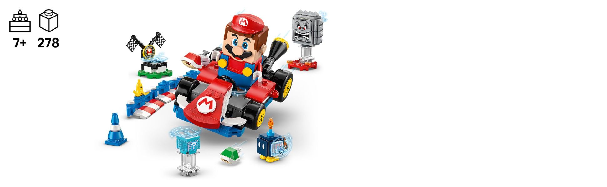 Race for victory in the Standard Kart with LEGO Mario , triggering Mario Kart visual and sound effects along the way.