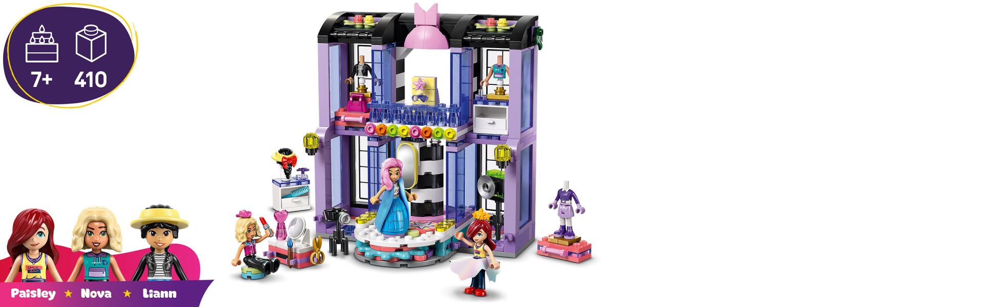 This fashion and dress-up toy comes with 3 minidolls to style at the vanity table, then place on the rotating platform to reveal the outfit.