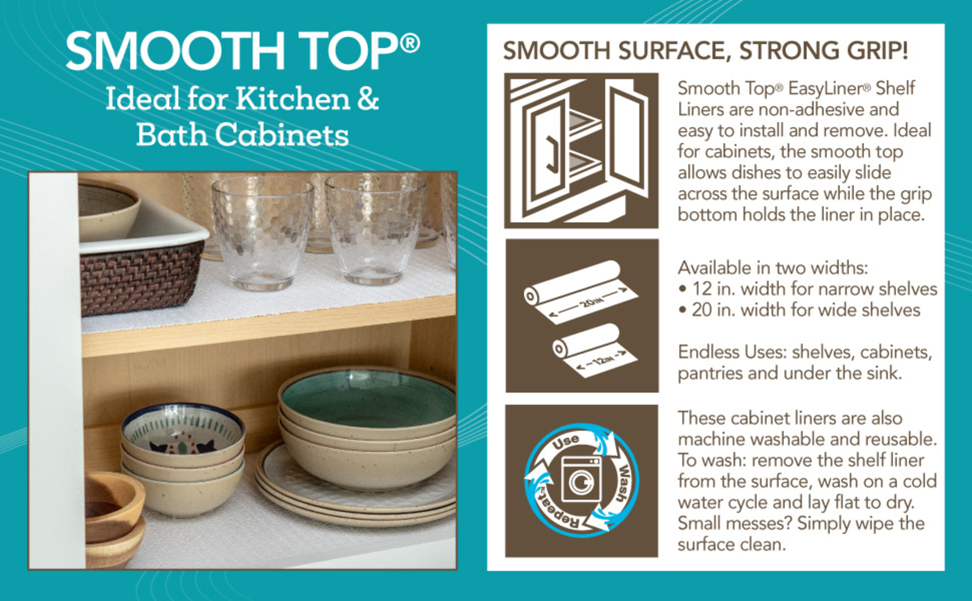 Smooth Top EasyLiner for Cabinets & Drawers - Easy to Install & Cut to Fit  - Shelf Paper & Kitchen Drawer Liner Non Adhesive - Non Slip Shelf Liner 