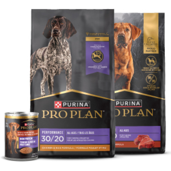 Two bags of Pro Plan Sport Performance dry dog food and one can of High Protein wet dog food.