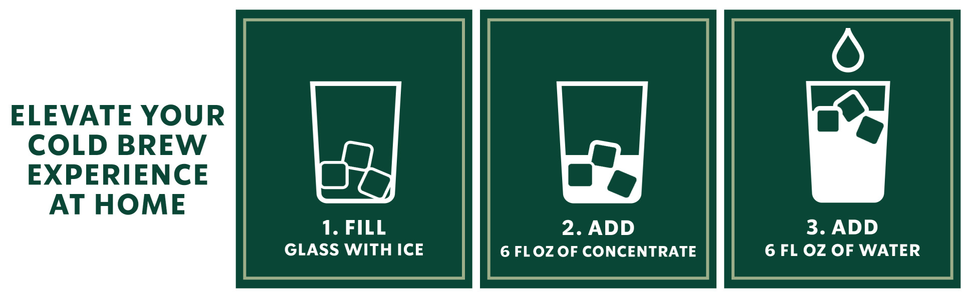 It's Easy to Cold Brew at Home. Fill glass with ice. Add 6 fl oz of concentrate Add 6 fl oz of water