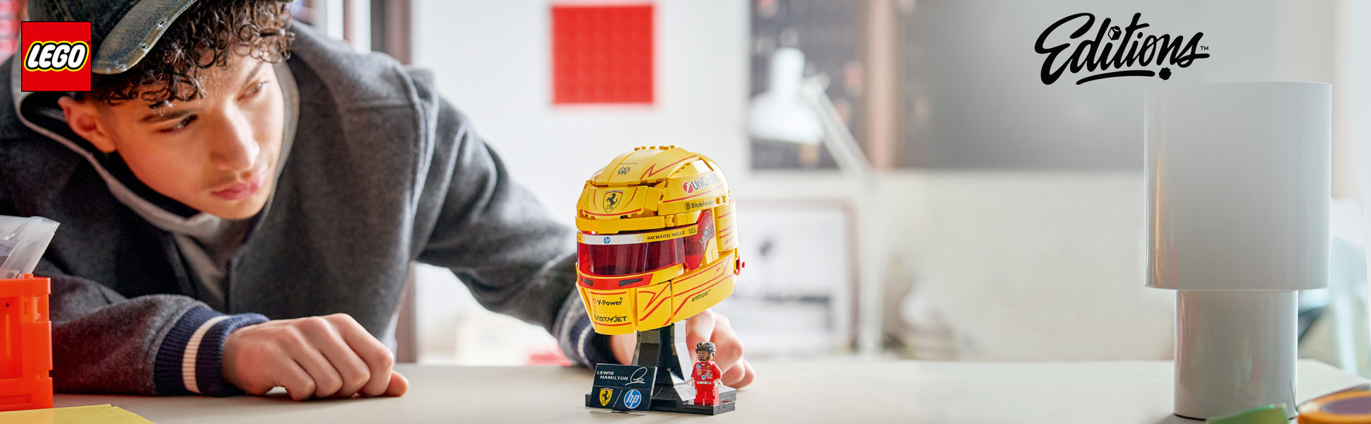Assemble F1 merch with the LEGO Editions Scuderia Ferrari HP Lewis Hamilton Helmet building set for kids ages 14 and up.