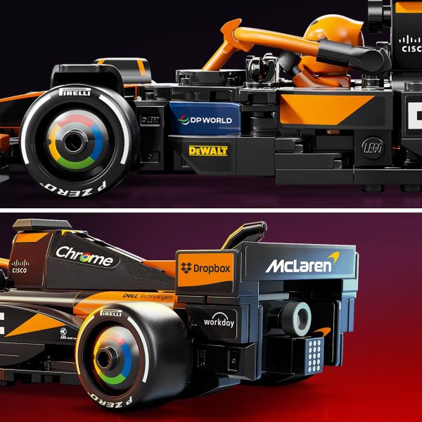 Race car includes team-sponsor logos and a rear wing.