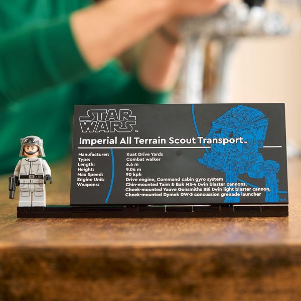 Display with a unique AT-ST Driver LEGO Star Wars minifigure.