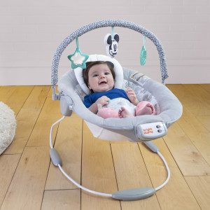 Bright Starts Mickey Mouse Comfy Disney Baby Bouncer in Cloudscapes  Includes -Toy Bar with 3 Cute Toys, Plays 7 Soothing Melodies w/Auto  Shut-Off, Age 0-6 Months Gray 