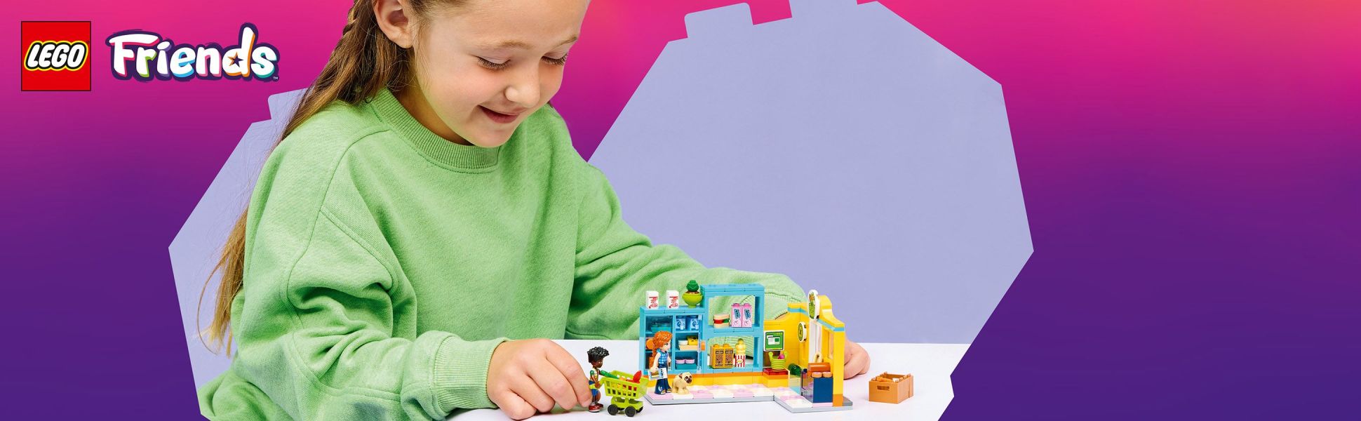 Inspire grocery shopping role play with this fun playset, which includes 2 minidolls, a dog, accessories and pretend play food pieces.