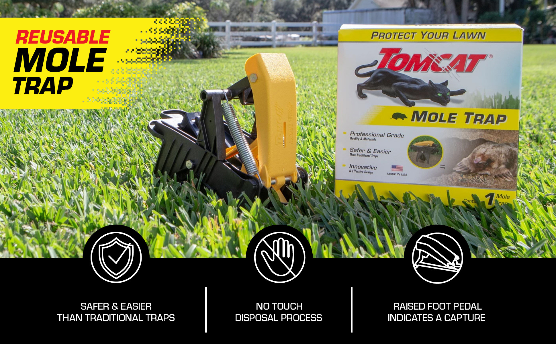 Tomcat Reusable Mole Trap, product on lawn