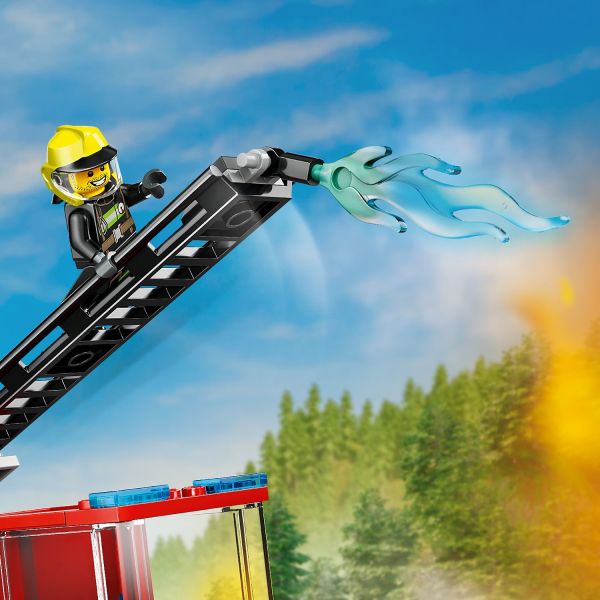 Features a raisable ladder with a toy extinguisher.