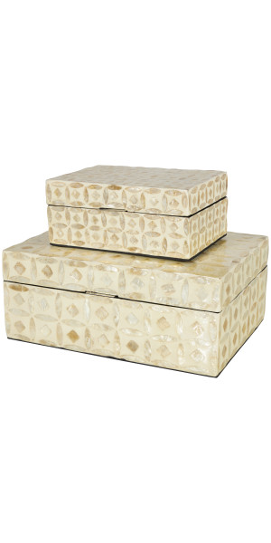 DecMode Beige Mother of Pearl Decorative Box with Hinged Lid, 2 Count 