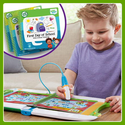 Boy uses stylus to select colorful letters in book. Inset shows a few advanced level 2 books.