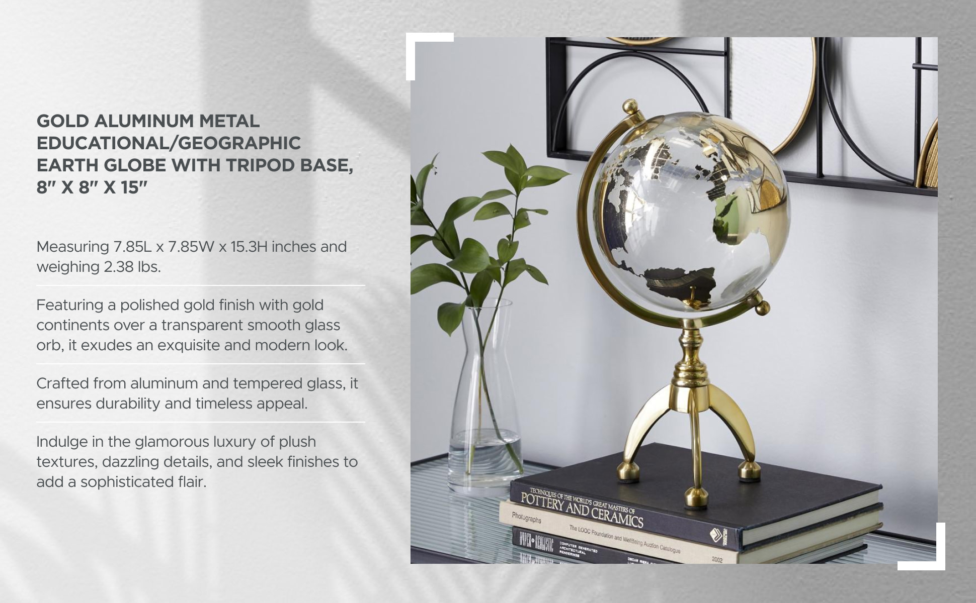 Litton Lane 15 in. Gold Aluminum Decorative Globe with Tripod Base