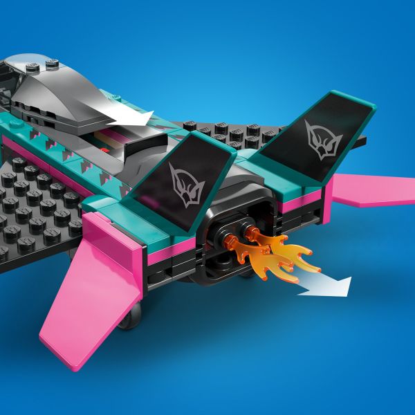 Slide a lever to engage the toy jet’s afterburners.