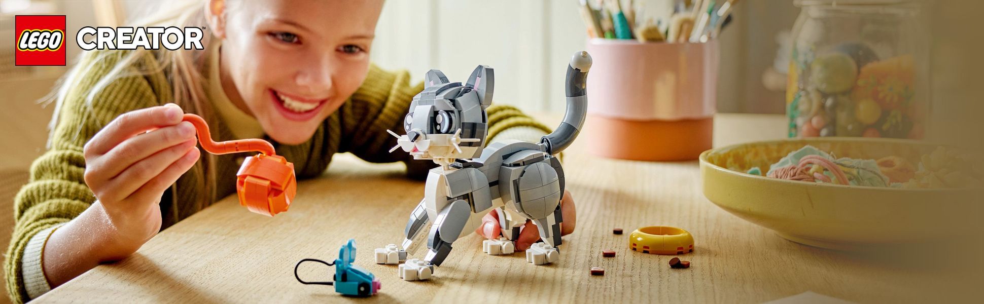 Pet-loving kids can enjoy delightful stories with a Playful Cat building set, then rebuild it into a dog toy or pigeon toy.
