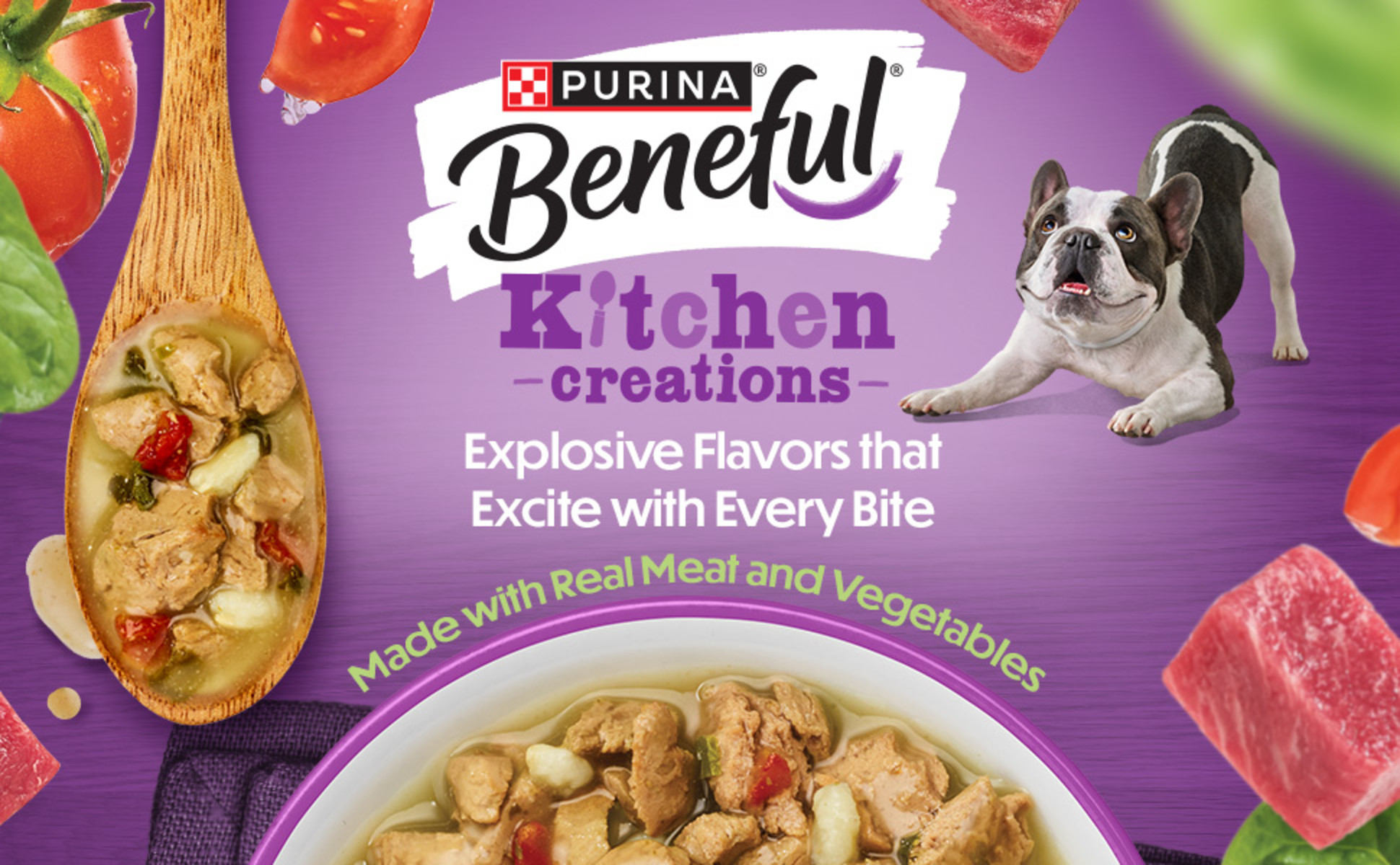 A wooden spoon and a bowl with chunky, meaty Beneful wet dog food in them. An excited dog is nearby.