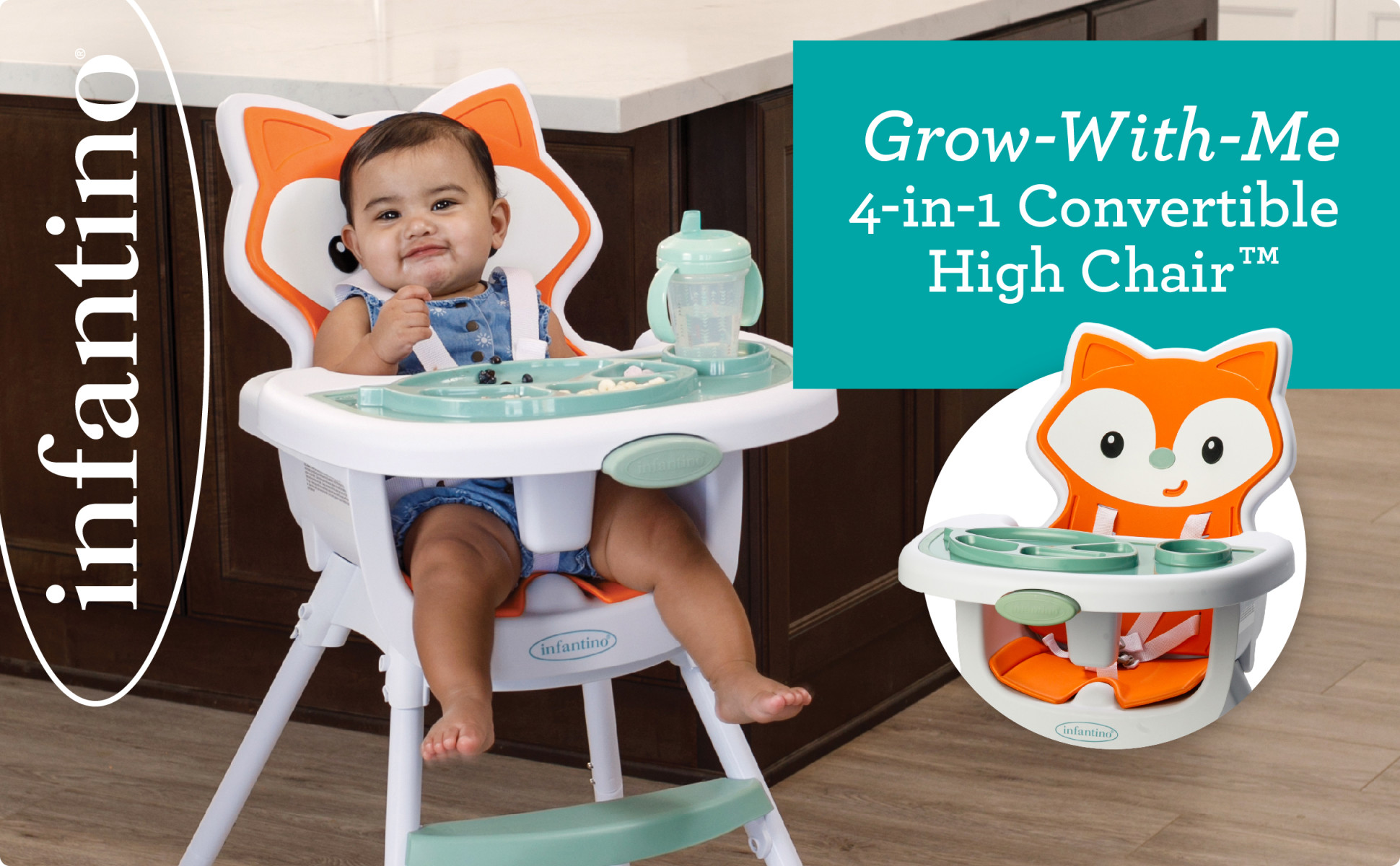 Infantino Grow with Me 4 in 1 Convertible High Chair for Babies Toddlers 6 36 Months Orange Fox