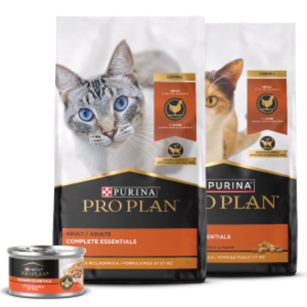 Two bags of Pro Plan Complete Essentials dry cat food and one can of wet cat food