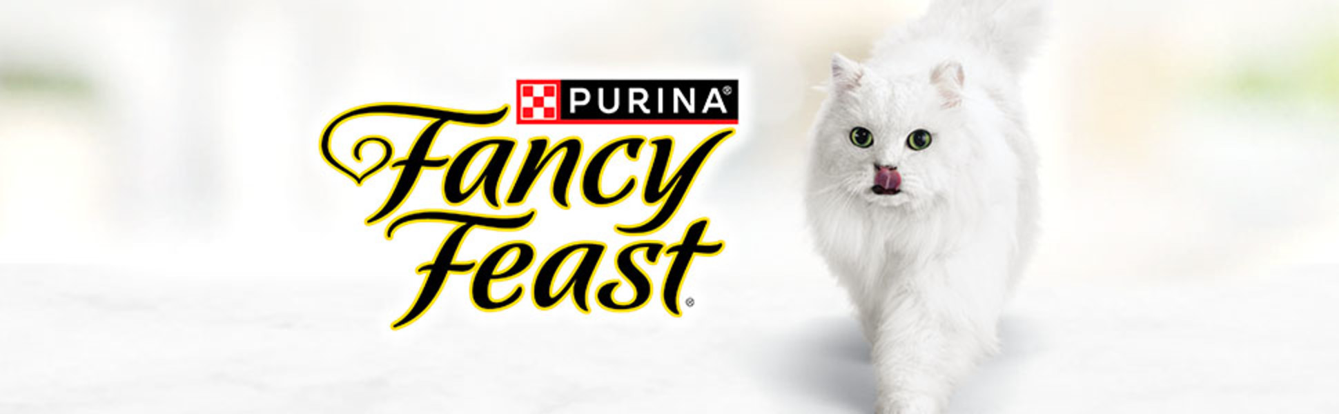 Iconic Fancy Feast white cat licking her lips