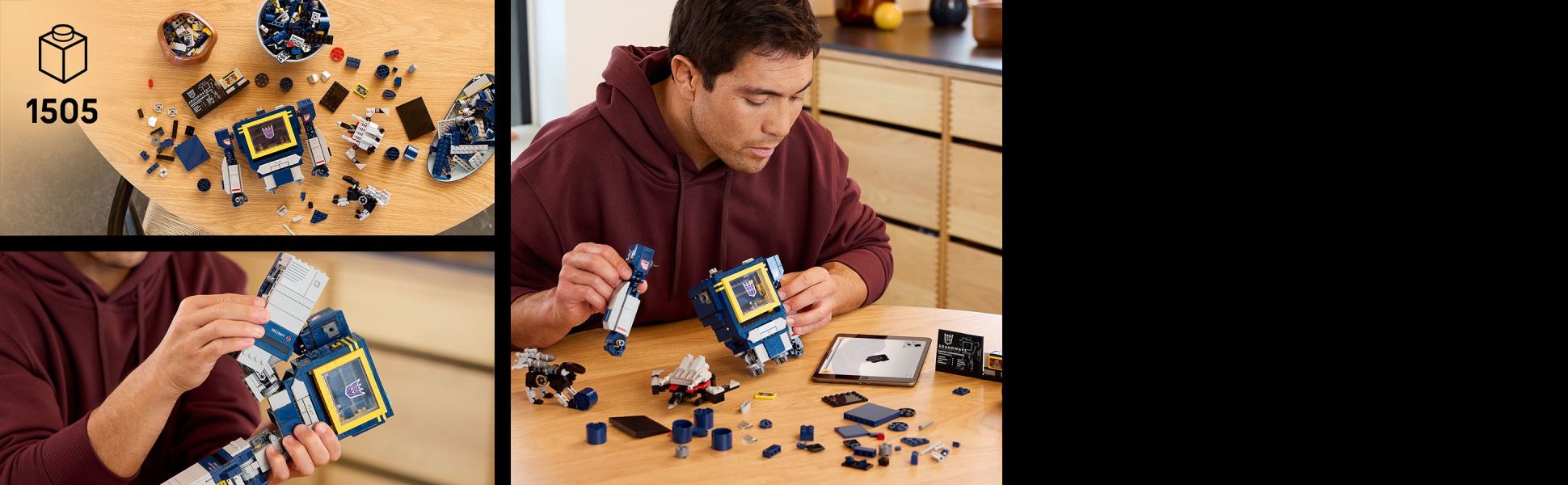 Build a detailed LEGO interpretation of the legendary Decepticon Soundwave, along with his companions Ravage and Laserbeak.