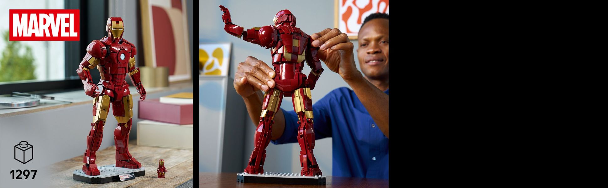 Pose the detailed Iron Man Mark 3 armor by positioning the jointed neck, waist, shoulders, wrists and hands.