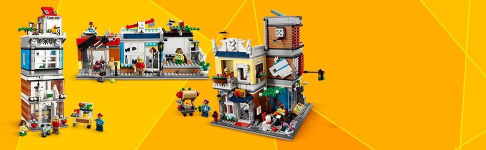 LEGO Creator 3 in 1 Townhouse Pet Shop & Café 31097 Toy Store Building Set  with Bank, Town Playset with a Toy Tram, Animal Figures and Minifigures