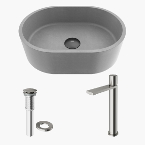 VIGO Concreto Stone 16 In. Concrete Oval Vessel Bathroom Sink In Gray With Lexington Faucet And Pop Up Drain In Chrome Vgt2028