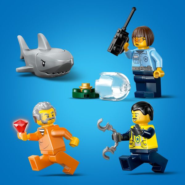 All-action fun with 2 police officers, a crook and a shark figure.