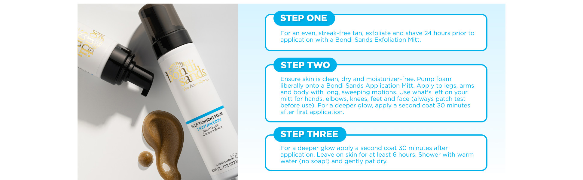 Steps 1 through 3 of Bondi Sands Self Tanning Foam.
