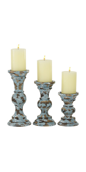 DecMode Traditional and Timeless Mango Wood Pillar Candle Holder Set of 3,  6, 8, 10H, Light Blue Finish 