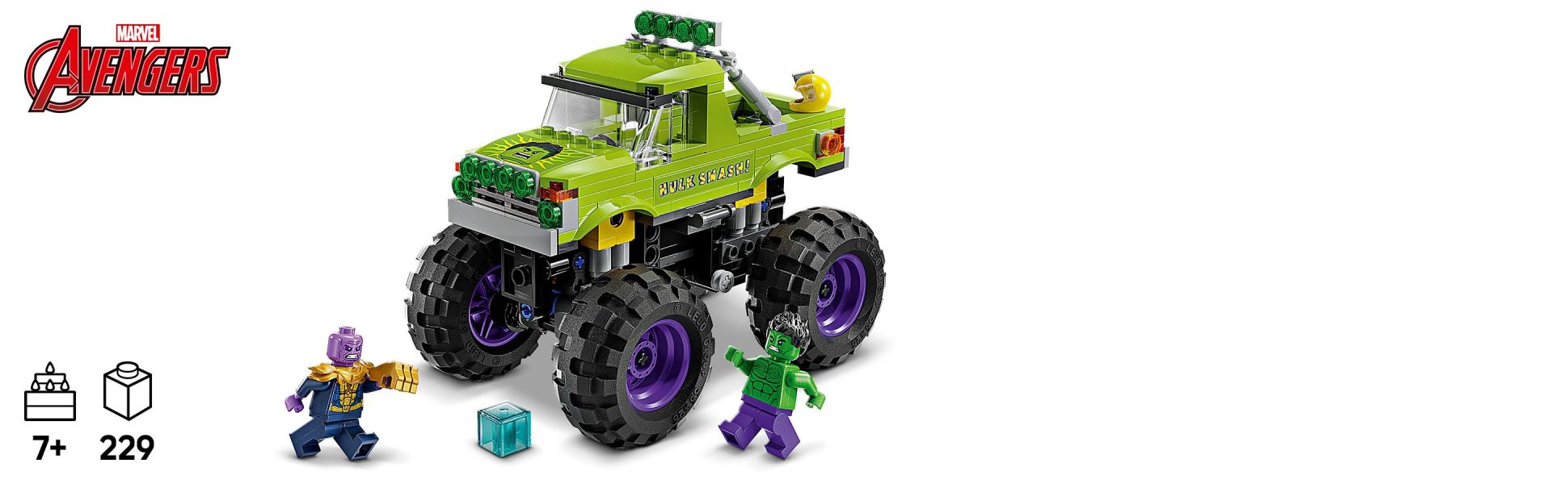 Kids join Hulk and Thanos with cool weapons and accessories for epic adventures with a buildable off-road truck.