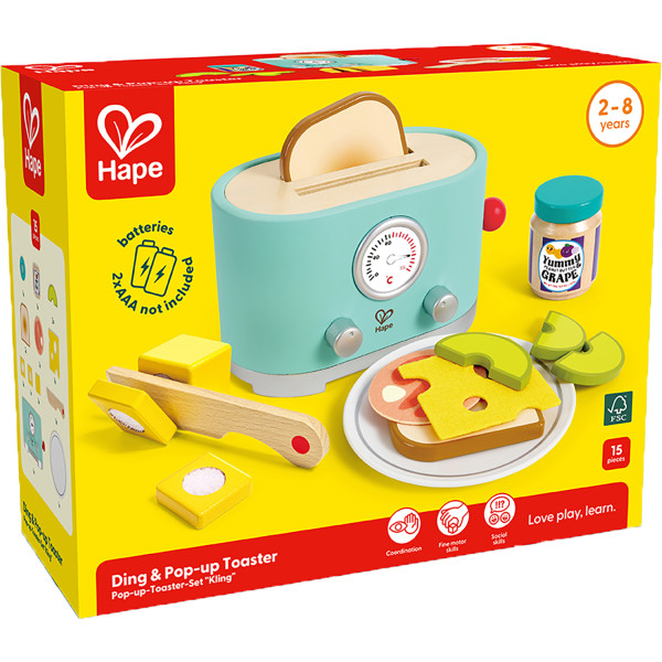パン toaster pop up Hape: Ding & Pop-Up Toaster - 15pc Teal Wooden Food Playset