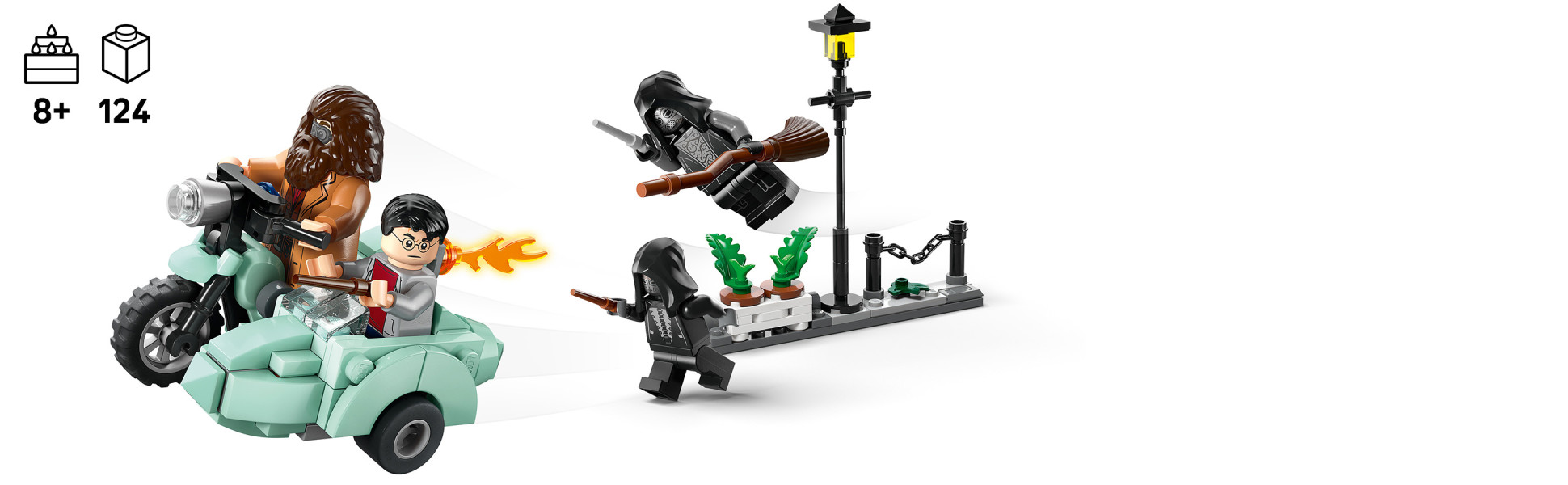 The action starts right after building the first minifigure-scale LEGO model of Hagrid’s flying motorcycle and a mini build street scene.