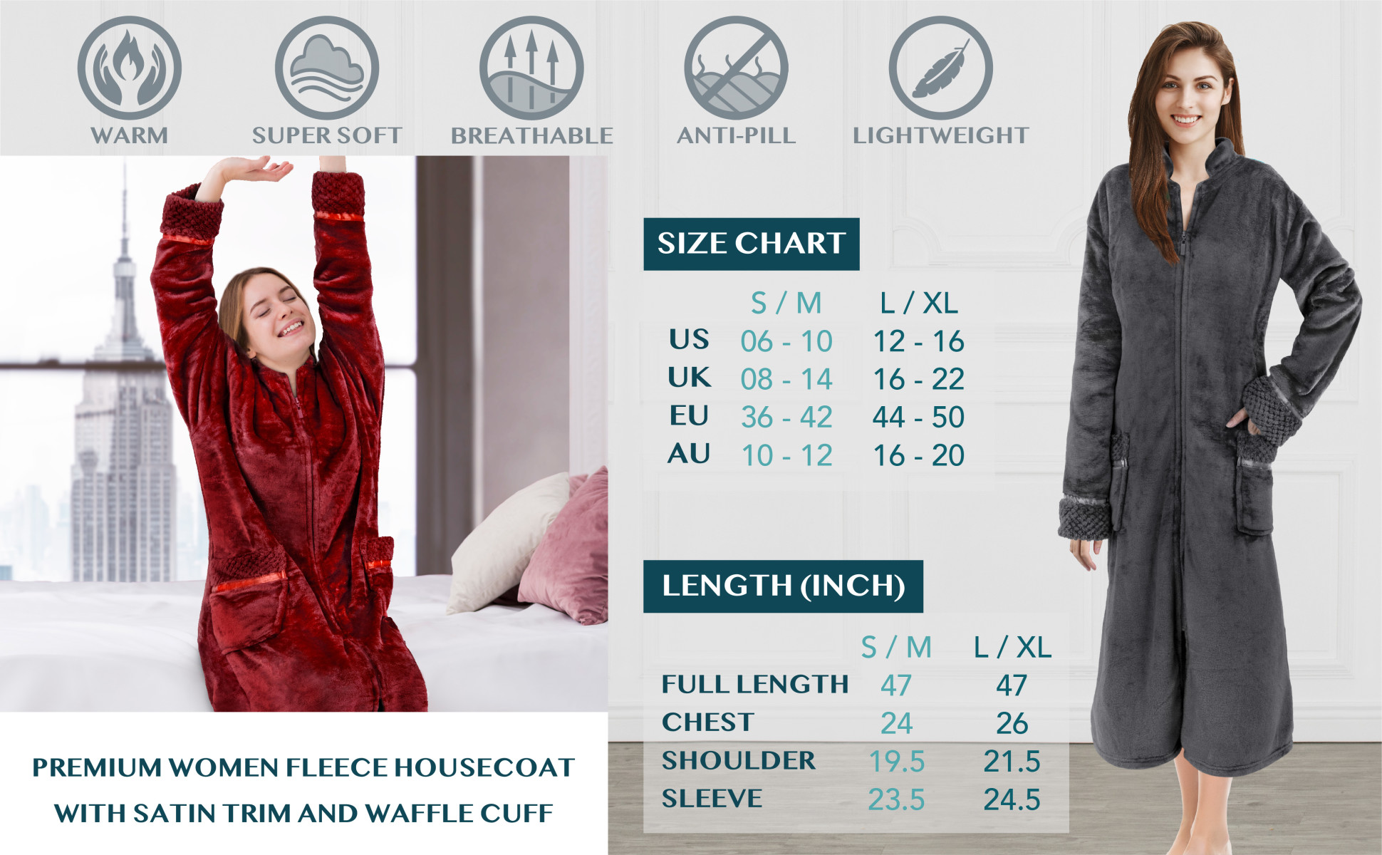 【FLAREUP】raglan robe double long coat PAVILIA Womens Housecoat Zip Robe, Fleece Zip Up Front Robe