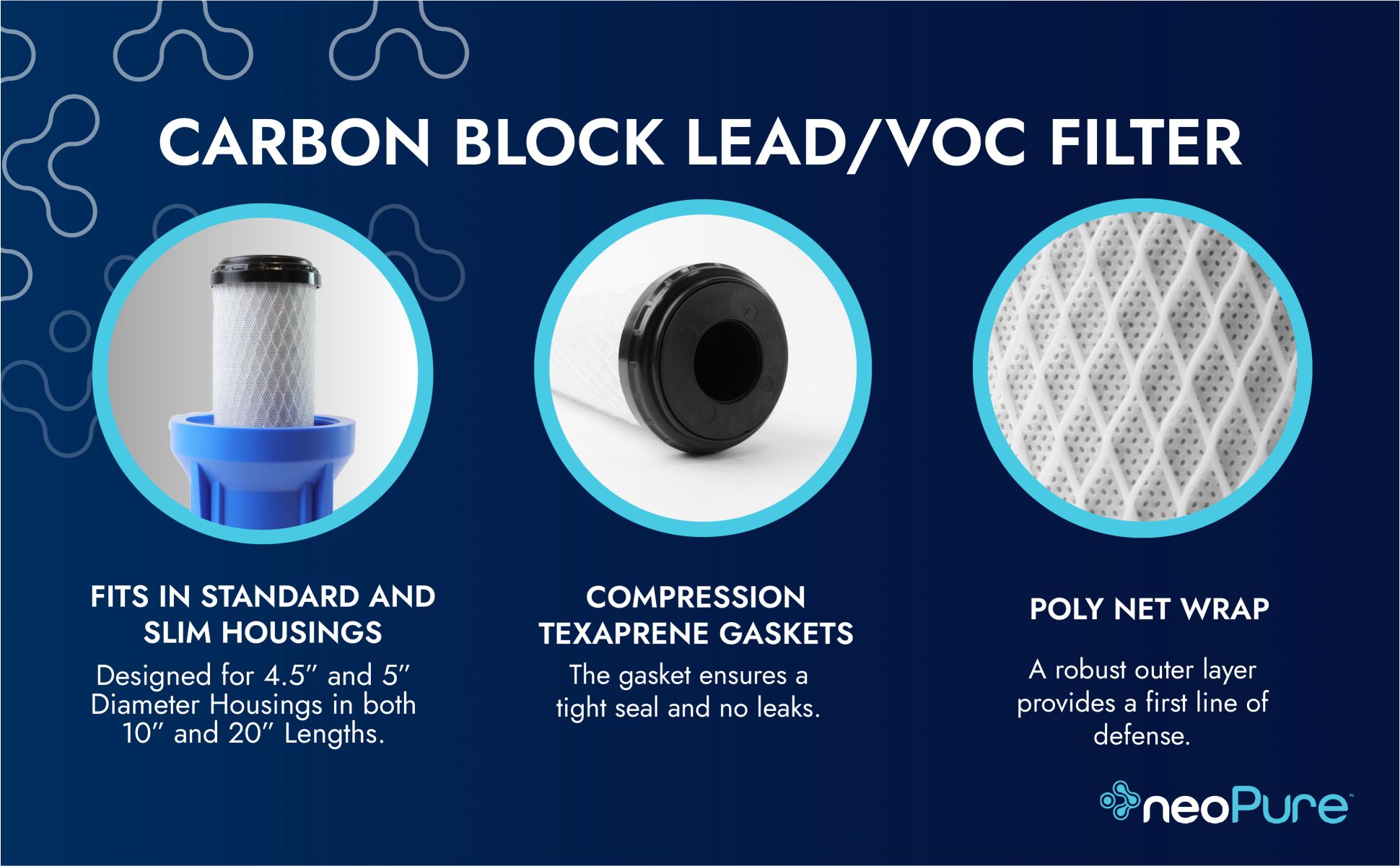 NeoPure Carbon Block Filters fit in standard and slim line filter housings. The filters also feature compression texaprene gaskets which ensure a tight seal and no leaks. An outer polypropylene net wrap serves as a robust first line of defense for added filtration and a prolonged filter life.