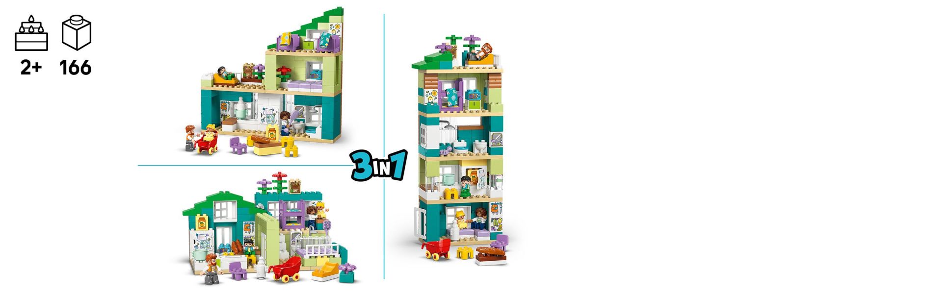 The large bricks can be built and rebuilt into 3 different layouts, developing toddler creativity and problem-solving skills.