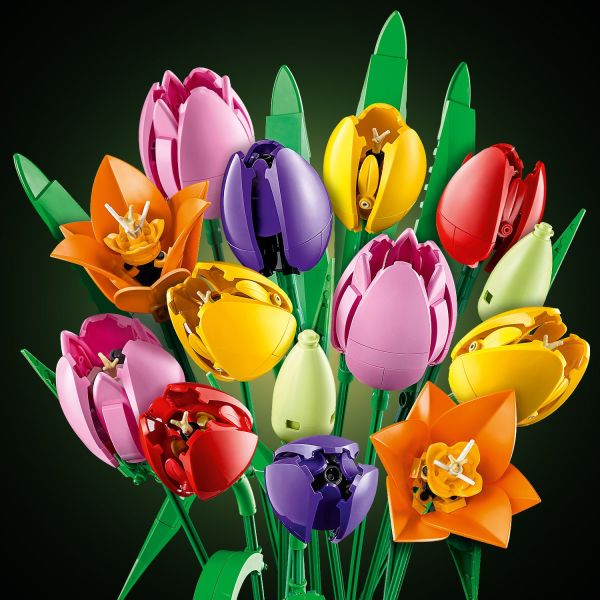 Build green buds and purple, red, yellow and pink tulips.