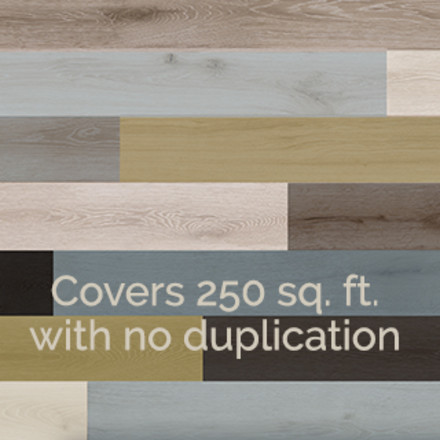 A horizontal design of varying wood grain planks in many colors and the words “covers 250 sq. ft. with no duplication”