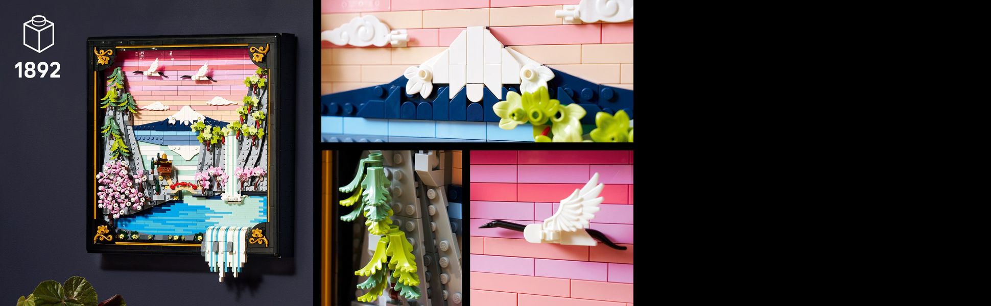 LEGO reimagination of a Japanese landscape features Mount Fuji, a teahouse, Japanese cranes and 3 species of native trees.
