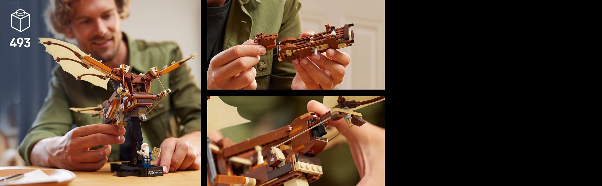 Craft a detailed model of da Vinci’s visionary ornithopter, complete with an attachable Leonardo da Vinci minifigure.