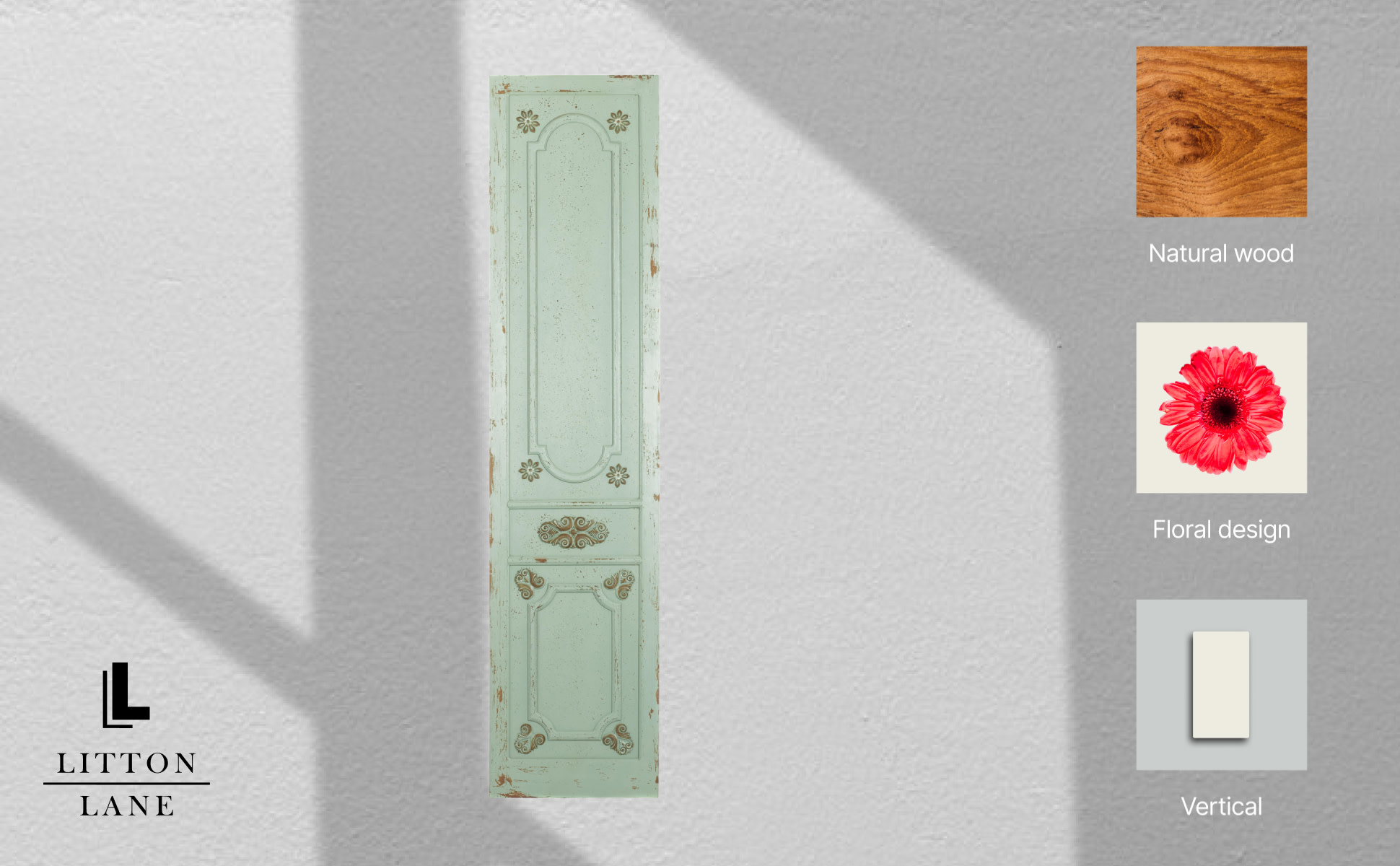 Litton Lane 18 in. x 78 in. Wood Green Antique Door Scroll Wall