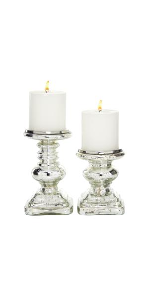 Silver Glass Handmade Turned Style Pillar Candle Holder Set of 2 9", 7"H